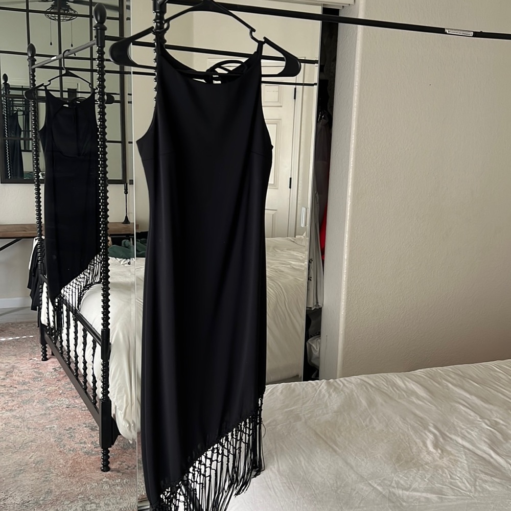 Dawn joy Vintage Halter Dress in Black with fringe